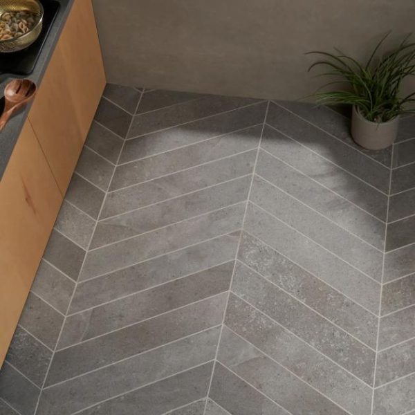 Shower | 1 sq. ft. New Rock Fossil Dark Gray 4×21 Chevron Limestone Look Matte Porcelain Tile Dark Gray Chevron Bathroom Bathroom