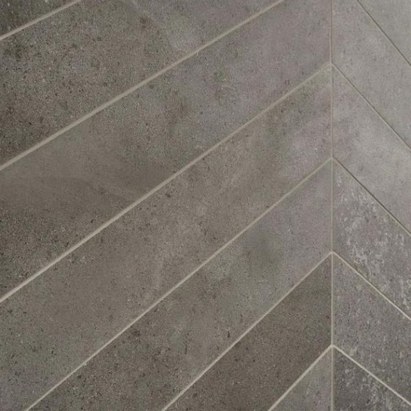 Shower | 1 sq. ft. New Rock Fossil Dark Gray 4×21 Chevron Limestone Look Matte Porcelain Tile Dark Gray Chevron Bathroom Bathroom