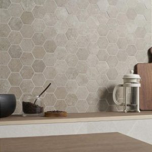 Shower | 1 sq. ft. New Rock Tortora Beige 3″ Hex Limestone Look Matte Porcelain Mosaic Tile Beige Hex Bathroom Bathroom