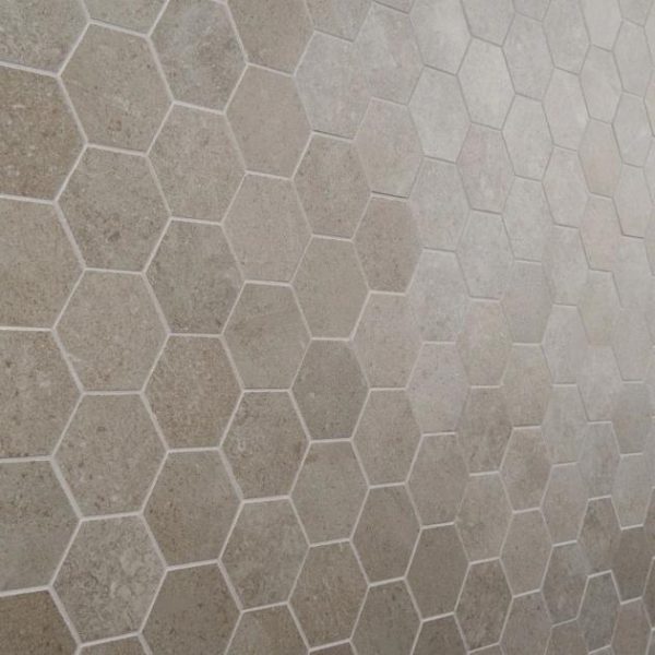 Shower | 1 sq. ft. New Rock Tortora Beige 3″ Hex Limestone Look Matte Porcelain Mosaic Tile Beige Hex Bathroom Bathroom