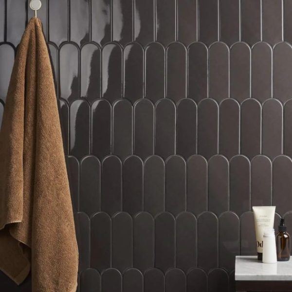 Shower | 1 sq. ft. Parry Charcoal 3×8 Fishscale Glossy Ceramic Wall Tile Charcoal Backsplash & Kitchen Backsplash & Kitchen