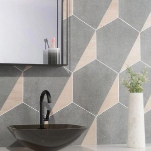 Shower | 1 sq. ft. Pergola Wood Graphite 12.5″ Hexagon Matte Porcelain Tile Wood Graphite Bathroom Bathroom