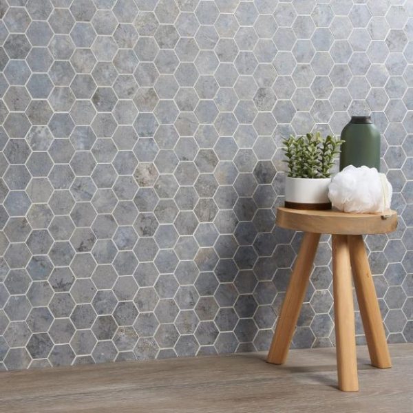 Shower | 1 sq. ft. Portrait Ocean Blue 2″ Hexagon Matte Porcelain Mosaic Tile Ocean Backsplash & Kitchen Backsplash & Kitchen