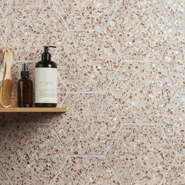 Shower | 1 sq. ft. Reef Cream 8″ Hexagon Polished Pearl Terrazzo Tile Cream Hexagon Bathroom Bathroom