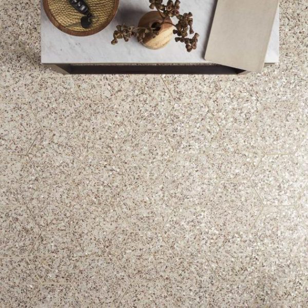 Shower | 1 sq. ft. Reef Cream 8″ Hexagon Polished Pearl Terrazzo Tile Cream Hexagon Bathroom Bathroom