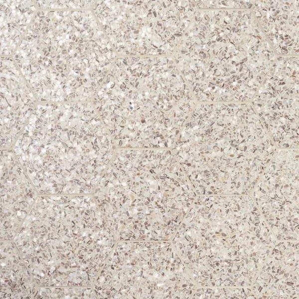 Shower | 1 sq. ft. Reef Cream 8″ Hexagon Polished Pearl Terrazzo Tile Cream Hexagon Bathroom Bathroom