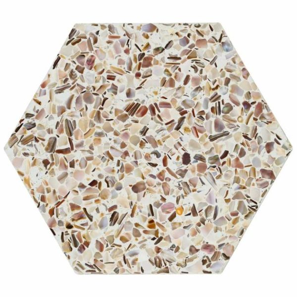 Shower | 1 sq. ft. Reef Cream 8″ Hexagon Polished Pearl Terrazzo Tile Cream Hexagon Bathroom Bathroom