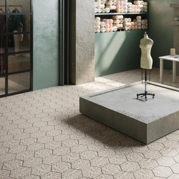 Shower | 1 sq. ft. Reef Cream 8″ Hexagon Polished Pearl Terrazzo Tile Cream Hexagon Bathroom Bathroom