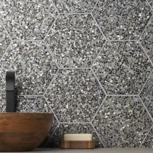 Shower | 1 sq. ft. Reef Gray 8″ Hexagon Polished Pearl Terrazzo Tile Gray Hexagon Bathroom Bathroom