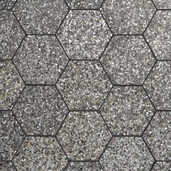 Shower | 1 sq. ft. Reef Gray 8″ Hexagon Polished Pearl Terrazzo Tile Gray Hexagon Bathroom Bathroom