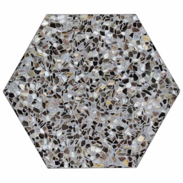 Shower | 1 sq. ft. Reef Gray 8″ Hexagon Polished Pearl Terrazzo Tile Gray Hexagon Bathroom Bathroom