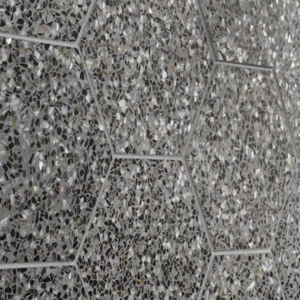 Shower | 1 sq. ft. Reef Gray 8″ Hexagon Polished Pearl Terrazzo Tile Gray Hexagon Bathroom Bathroom