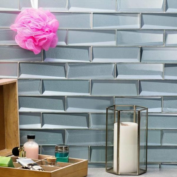 Shower | 1 sq. ft. Remington Bricks Slate Blue 2×6 3D Mixed Finish Glass Subway Tile Slate Bathroom Bathroom