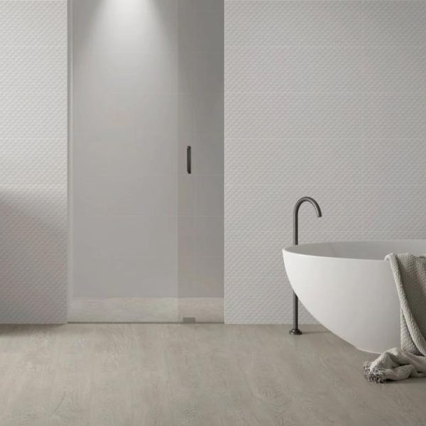 Shower | 1 sq. ft. Reverb Pillowed White 12×36 3D Glossy Ceramic Tile Pillowed Bathroom Bathroom