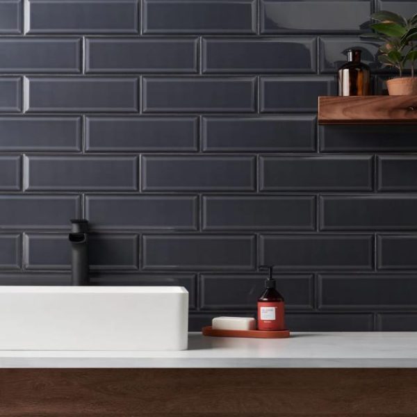 Shower | 1 sq. ft. Rise Charcoal Gray 4×12 Beveled Glossy Ceramic Subway Tile Charcoal Bathroom Bathroom