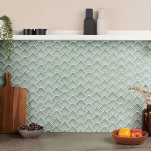 Shower | 1 sq. ft. Suki Green 2×3 Fishscale Matte Glass Mosaic Tile Green Backsplash & Kitchen Backsplash & Kitchen