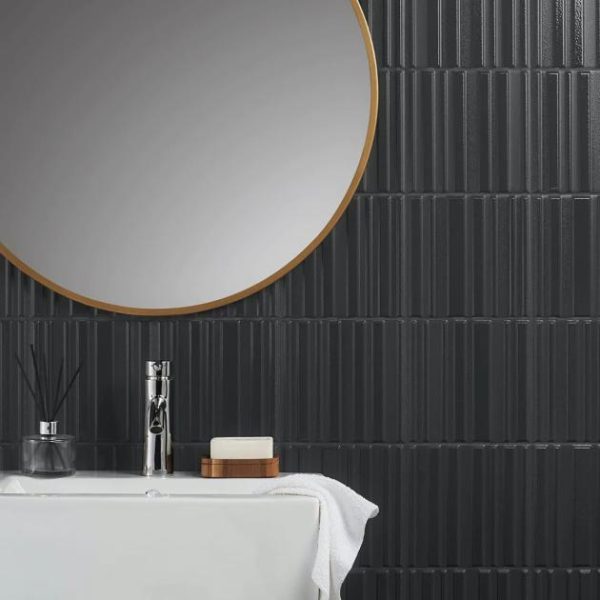 Shower | 1 sq. ft. Sydney Charcoal Black 8×16 3D Glossy and Matte Mixed Finish Ceramic Tile Dark Gray Bathroom Bathroom