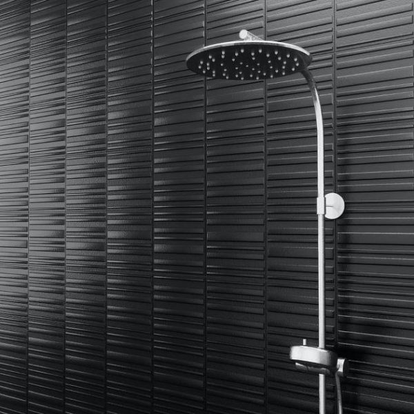 Shower | 1 sq. ft. Sydney Charcoal Black 8×16 3D Glossy and Matte Mixed Finish Ceramic Tile Dark Gray Bathroom Bathroom