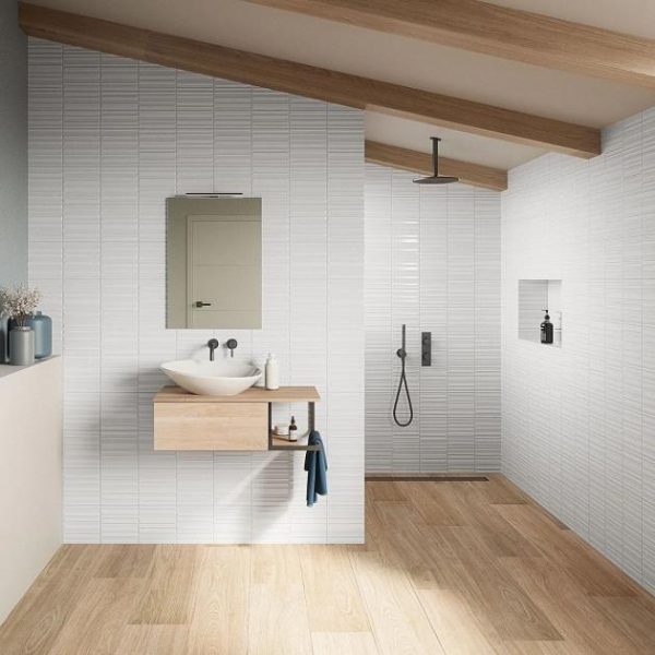 Shower | 1 sq. ft. Sydney White 8×16 3D Glossy and Matte Mixed Finish Ceramic Tile White Bathroom Bathroom