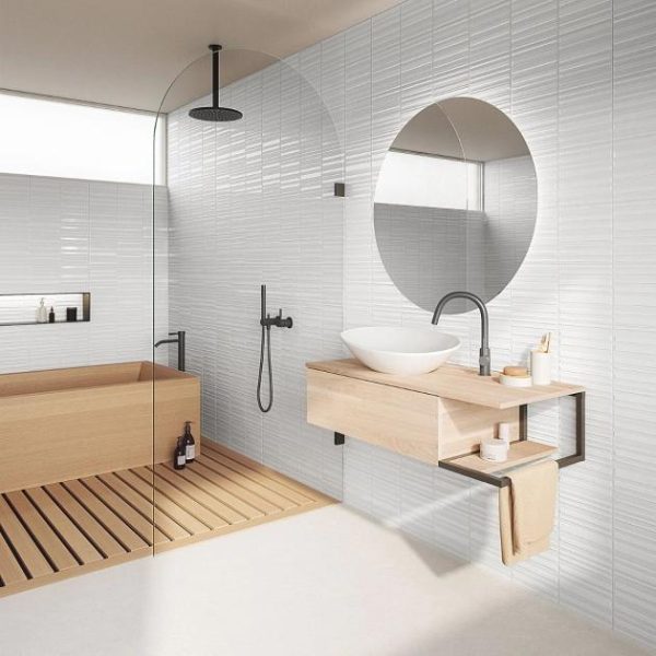 Shower | 1 sq. ft. Sydney White 8×16 3D Glossy and Matte Mixed Finish Ceramic Tile White Bathroom Bathroom