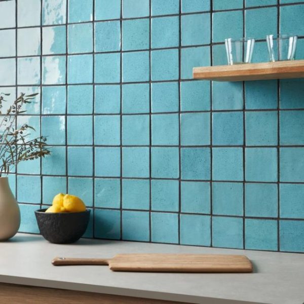 Wall Tiles | 1 sq. ft. Emery Blue 4×4 Square Handmade Crackled Glossy Terracotta Tile Blue Backsplash & Kitchen Backsplash & Kitchen