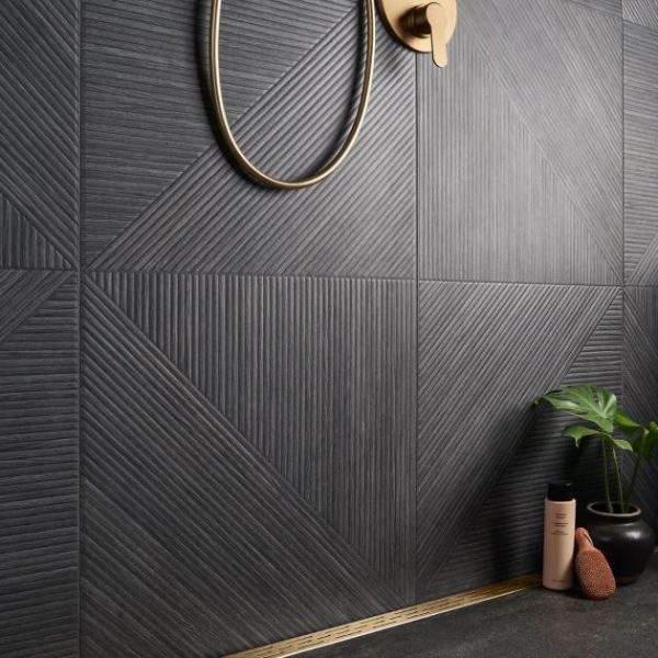 Wall Tiles | 1 sq. ft. Enso Charcoal Black 24×48 Ribbed Matte Porcelain Wood Look Tile Black Bathroom Bathroom