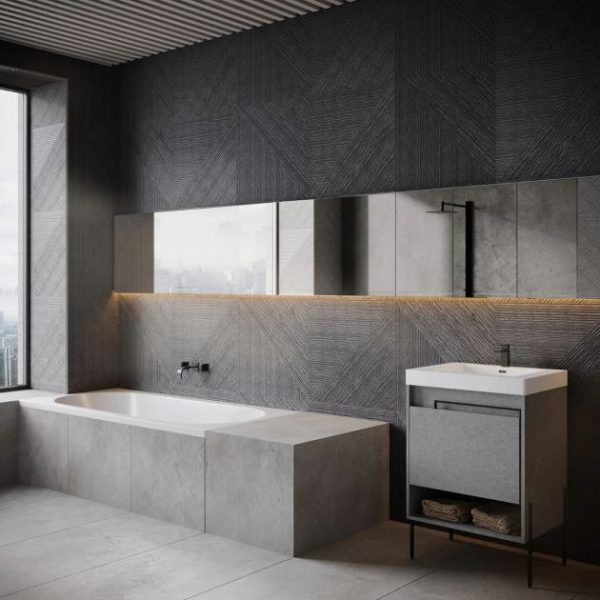 Wall Tiles | 1 sq. ft. Enso Charcoal Black 24×48 Ribbed Matte Porcelain Wood Look Tile Black Bathroom Bathroom