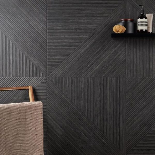 Wall Tiles | 1 sq. ft. Enso Charcoal Black 24×48 Ribbed Matte Porcelain Wood Look Tile Black Bathroom Bathroom