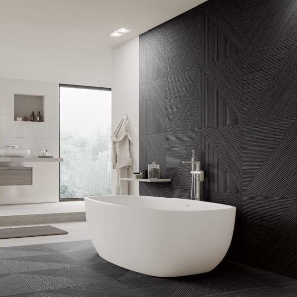 Wall Tiles | 1 sq. ft. Enso Charcoal Black 24×48 Ribbed Matte Porcelain Wood Look Tile Black Bathroom Bathroom