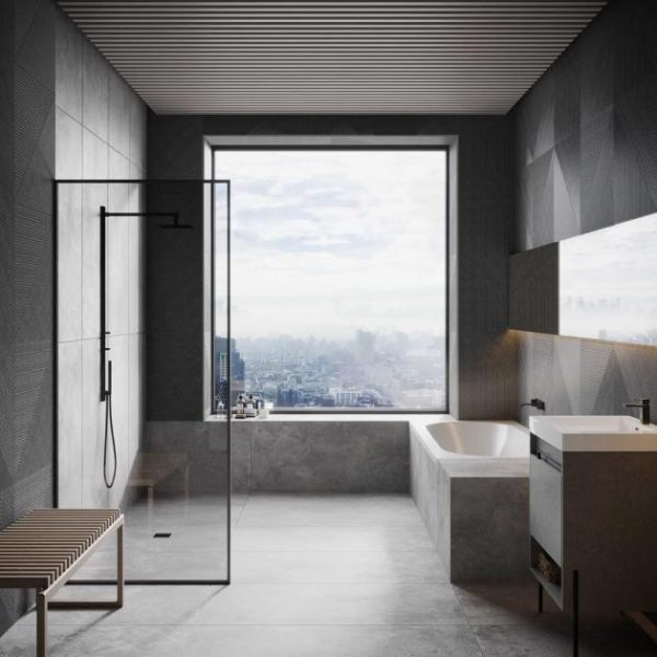 Wall Tiles | 1 sq. ft. Enso Charcoal Black 24×48 Ribbed Matte Porcelain Wood Look Tile Black Bathroom Bathroom