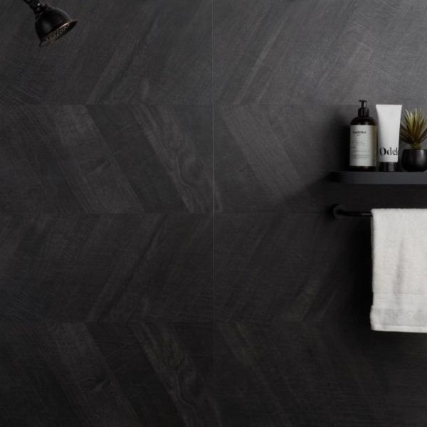 Wall Tiles | 1 sq. ft. Kenridge Chevron Black 24×48 Wood Look Matte Porcelain Tile Black Bathroom Bathroom