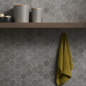 Wall Tiles | 1 sq. ft. New Rock Fossil Dark Gray 3″ Hex Limestone Look Matte Porcelain Mosaic Tile Dark Gray Hex Bathroom Bathroom