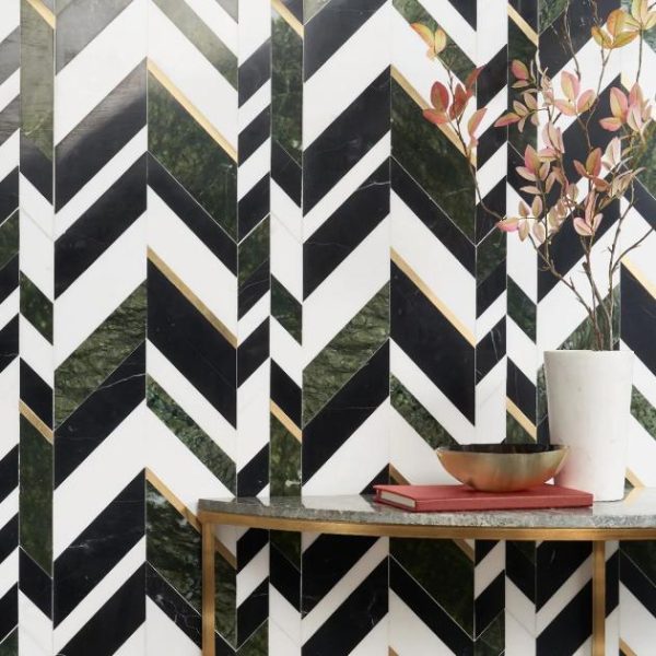 White Thassos | 1 sq. ft. Amari Verde Green Jade Polished Marble and Brass Chevron Mosaic Tile Verde Stone Verde