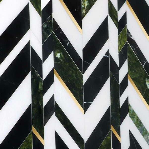 White Thassos | 1 sq. ft. Amari Verde Green Jade Polished Marble and Brass Chevron Mosaic Tile Verde Stone Verde