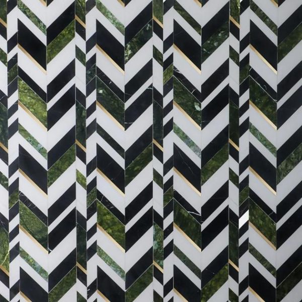 White Thassos | 1 sq. ft. Amari Verde Green Jade Polished Marble and Brass Chevron Mosaic Tile Verde Stone Verde