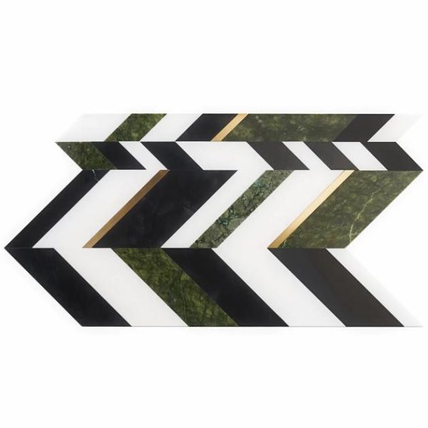 White Thassos | 1 sq. ft. Amari Verde Green Jade Polished Marble and Brass Chevron Mosaic Tile Verde Stone Verde