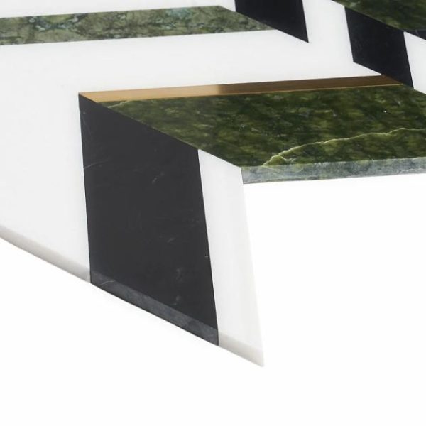 White Thassos | 1 sq. ft. Amari Verde Green Jade Polished Marble and Brass Chevron Mosaic Tile Verde Stone Verde