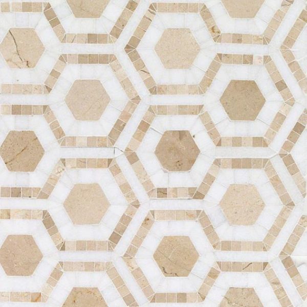 White Thassos | 1 sq. ft. Cosmos Crema & Thassos 4″ Hexagon Marble Polished Mosaic Tile Crema Marfil Stone Crema Marfil