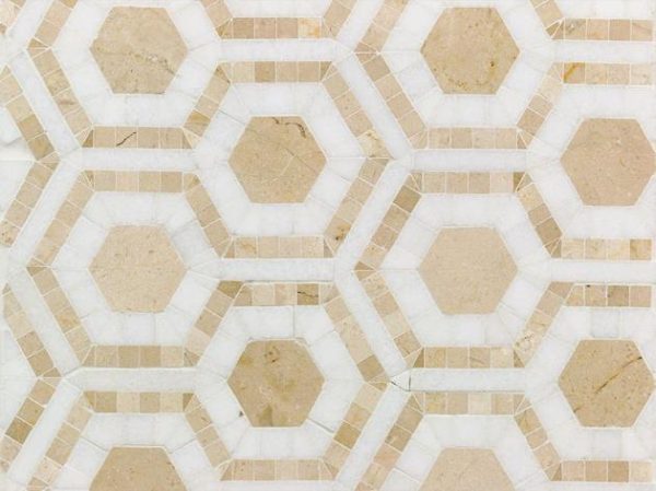 White Thassos | 1 sq. ft. Cosmos Crema & Thassos 4″ Hexagon Marble Polished Mosaic Tile Crema Marfil Stone Crema Marfil