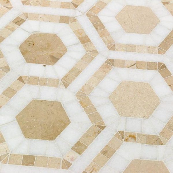 White Thassos | 1 sq. ft. Cosmos Crema & Thassos 4″ Hexagon Marble Polished Mosaic Tile Crema Marfil Stone Crema Marfil