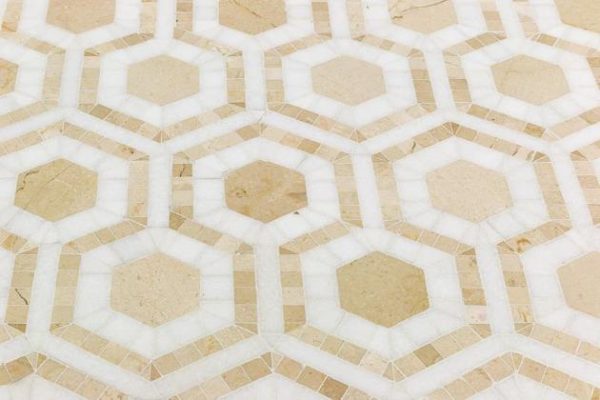 White Thassos | 1 sq. ft. Cosmos Crema & Thassos 4″ Hexagon Marble Polished Mosaic Tile Crema Marfil Stone Crema Marfil