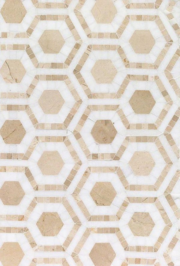 White Thassos | 1 sq. ft. Cosmos Crema & Thassos 4″ Hexagon Marble Polished Mosaic Tile Crema Marfil Stone Crema Marfil