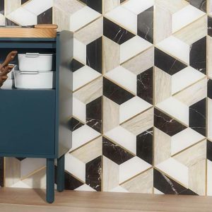 White Thassos | 1 sq. ft. Decade Saint Laurent Beige Polished Marble and Brass Mosaic Tile Saint Laurent Stone Saint Laurent