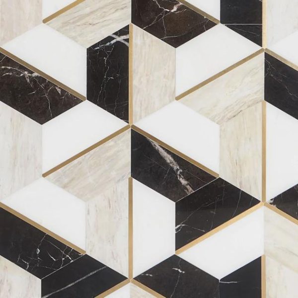 White Thassos | 1 sq. ft. Decade Saint Laurent Beige Polished Marble and Brass Mosaic Tile Saint Laurent Stone Saint Laurent