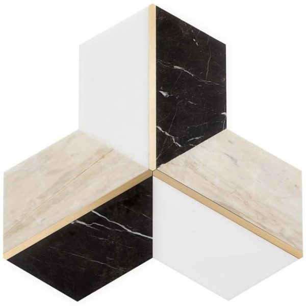 White Thassos | 1 sq. ft. Decade Saint Laurent Beige Polished Marble and Brass Mosaic Tile Saint Laurent Stone Saint Laurent