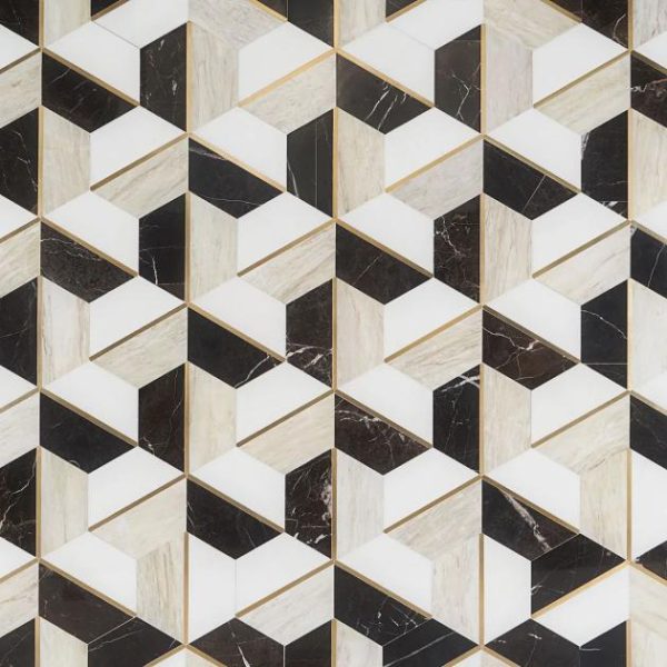 White Thassos | 1 sq. ft. Decade Saint Laurent Beige Polished Marble and Brass Mosaic Tile Saint Laurent Stone Saint Laurent