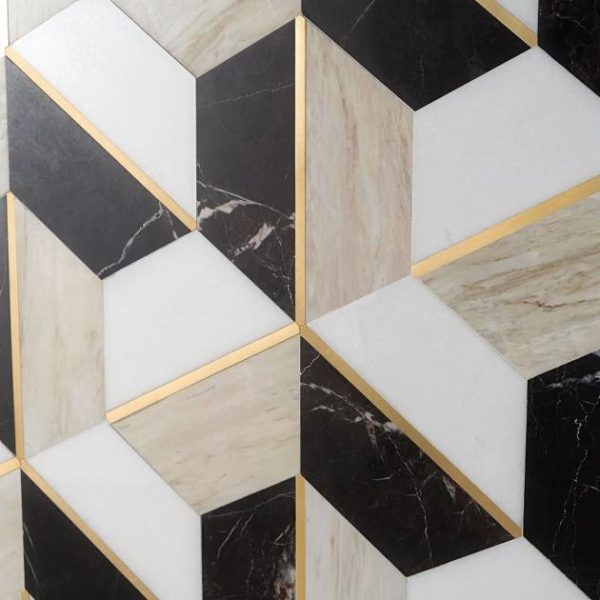 White Thassos | 1 sq. ft. Decade Saint Laurent Beige Polished Marble and Brass Mosaic Tile Saint Laurent Stone Saint Laurent