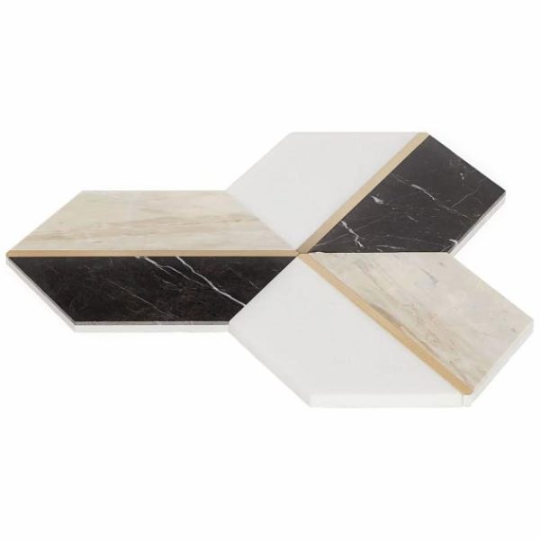 White Thassos | 1 sq. ft. Decade Saint Laurent Beige Polished Marble and Brass Mosaic Tile Saint Laurent Stone Saint Laurent