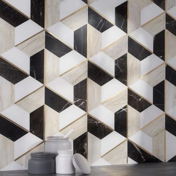 White Thassos | 1 sq. ft. Decade Saint Laurent Beige Polished Marble and Brass Mosaic Tile Saint Laurent Stone Saint Laurent