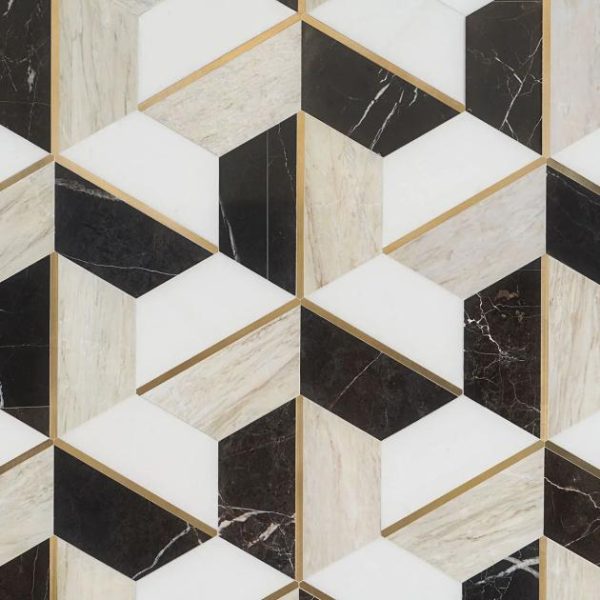 White Thassos | 1 sq. ft. Decade Saint Laurent Beige Polished Marble and Brass Mosaic Tile Saint Laurent Stone Saint Laurent